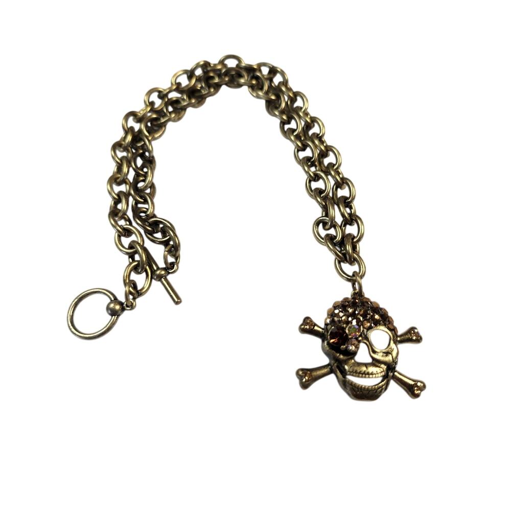 Skull & crossbones Pirate Necklace Green  chunky brass-tone chain 18"